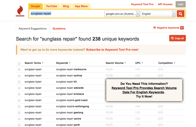 Keyword tool for sunglass repair - on-page SEO