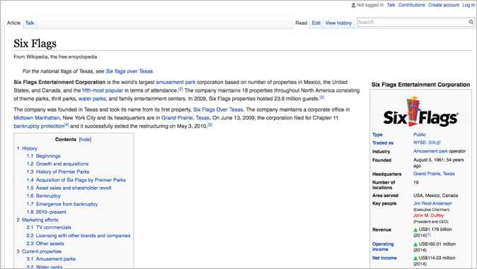 Six flags in wikipedia as example of usp